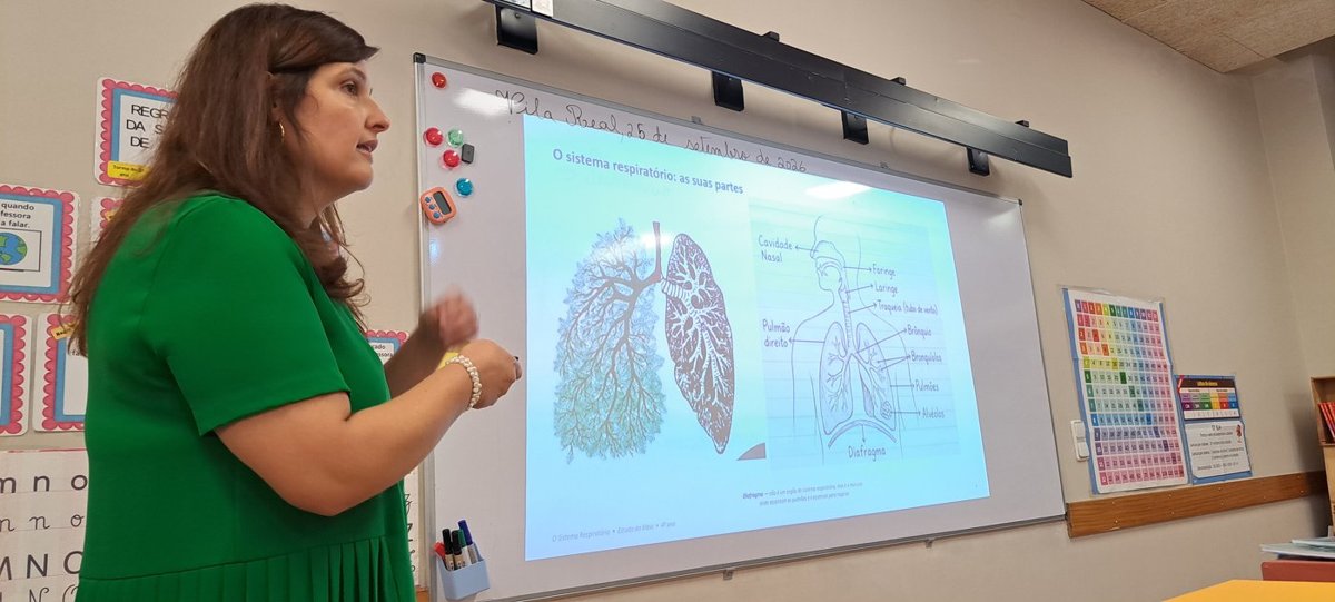 A Dr.ª Teresa Gomes a explicar à turma o sistema respiratório, com um esquema dos pulmões projetado no quadro